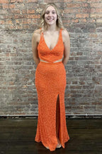 Sheath Deep V Neck Orange Sequins Backless Long Prom Dress