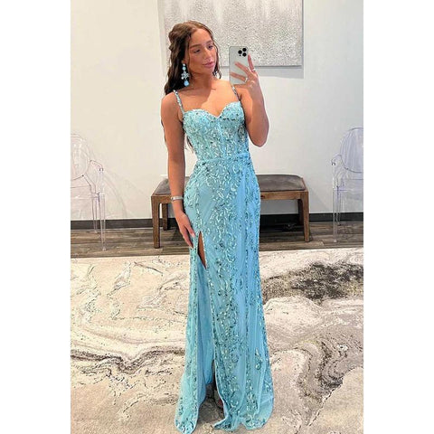 Robe de bal longue fourreau à bretelles spaghetti et paillettes appliquées avec fente