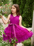 Vestido de niña de las flores de tul sin mangas color fucsia princesa con volantes (010225236) 