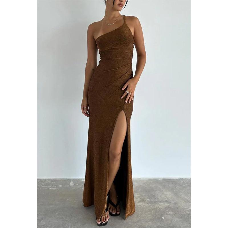 Vestido de fiesta ajustado de un solo hombro con pliegues y aberturas laterales para graduación y noche 