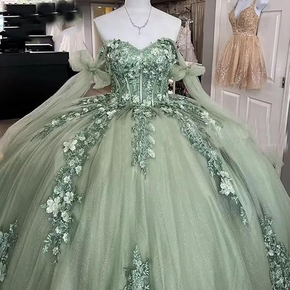Precioso vestido de quinceañera verde salvia con corsé sexy y hombros descubiertos Y1924
