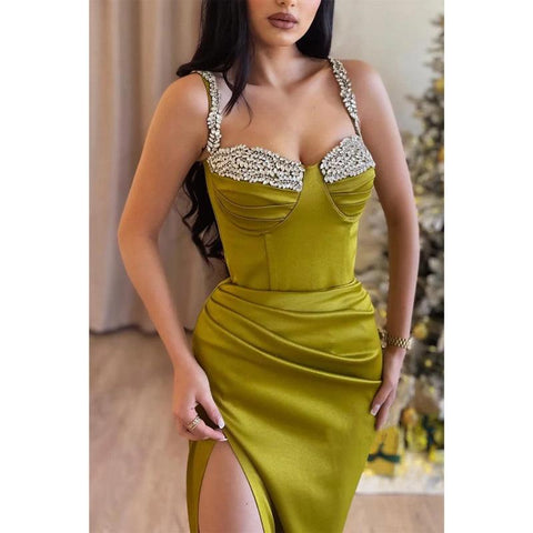 Vestido de noche para fiesta de graduación con escote en forma de corazón, tirantes finos, pliegues de cuentas y abertura lateral 