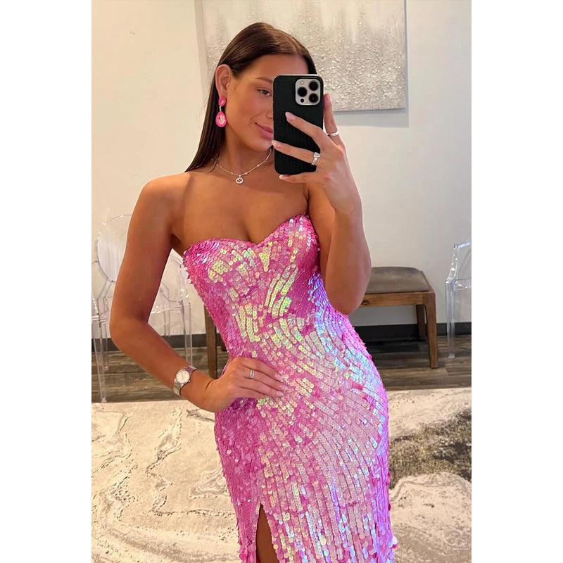 Robe de soirée glamour à paillettes, épaules dénudées, sans manches, fente latérale