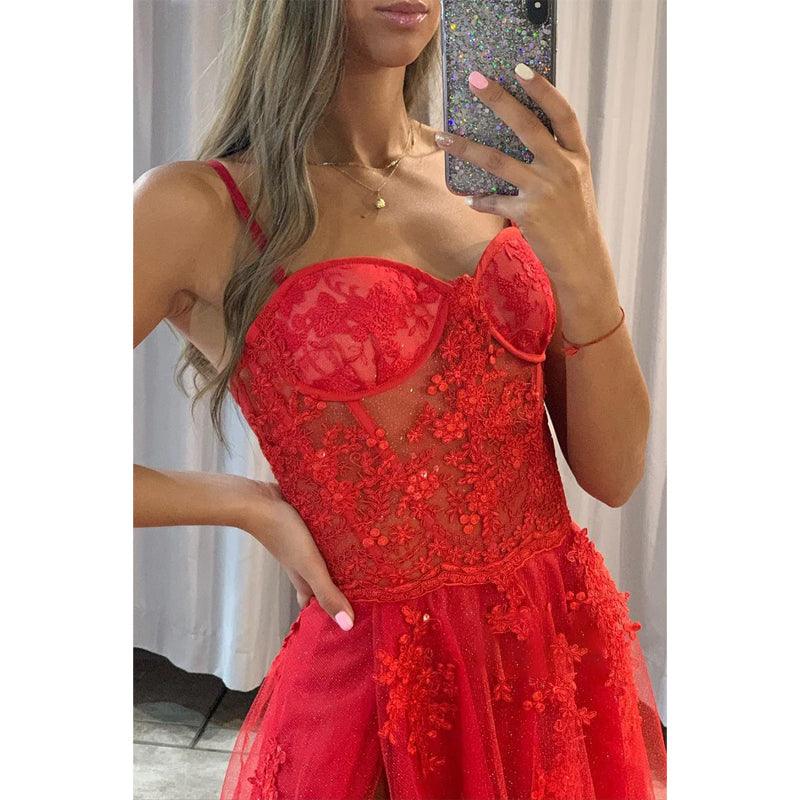 Robe de bal longue en tulle rouge avec fente et appliques pour femmes