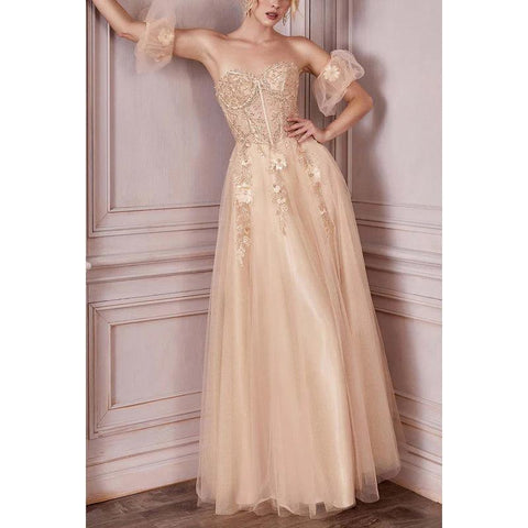 Sweetheart Strapless Floral Appliqued Ruched Tulle A-Line Long Prom Dress