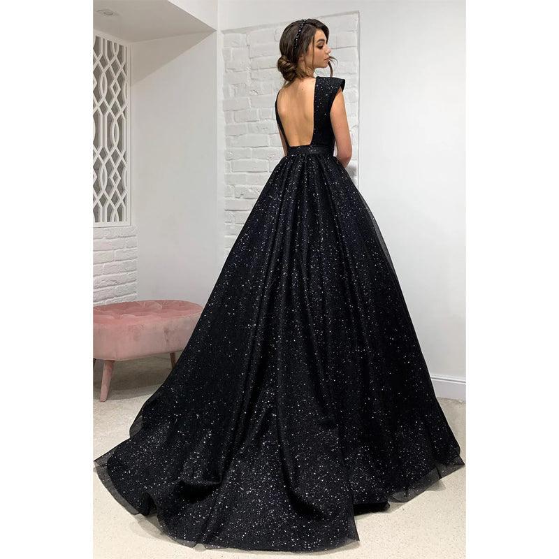 Plunging V-neck Black Sparkly Prom Dress
