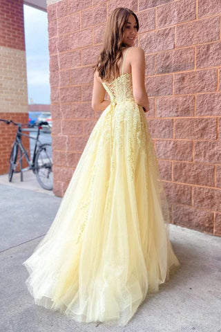A-Line Yellow Tulle Applique Lace-Up Prom Dress
