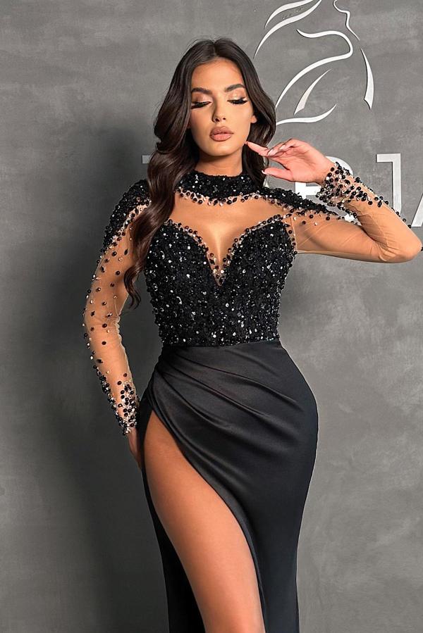 Long Sleeves Black Mermaid Evening Dress High Split With Beads