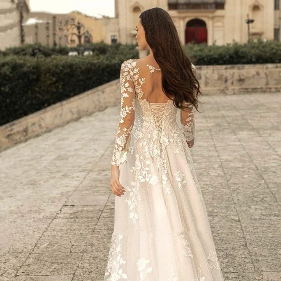 Robes de mariée élégantes à col rond 2023, manches longues en dentelle, coupe trapèze, robe de mariée tendance pour femme, bretelles dos nu.