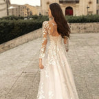 Robes de mariée élégantes à col rond 2023, manches longues en dentelle, coupe trapèze, robe de mariée tendance pour femme, bretelles dos nu.