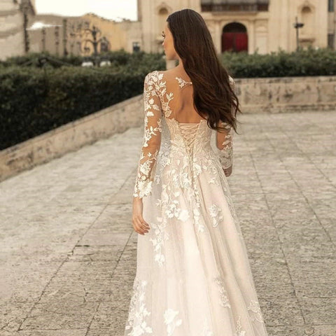 Vestidos de novia elegantes con cuello redondo 2023, encaje, manga larga, corte en A, estilo bata, con tirantes en la espalda.