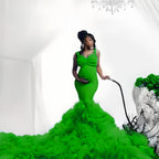 Vestido de maternidad con cintura de tul suave, corte sirena y elástico, ideal para fotos de mujeres embarazadas con barriga grande.