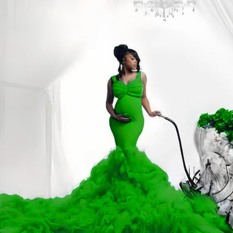 Vestido de maternidad con cintura de tul suave, corte sirena y elástico, ideal para fotos de mujeres embarazadas con barriga grande.