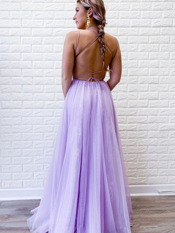 Robe de bal longue en tulle violet dos nu, coupe trapèze