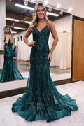Vestido largo de fiesta de sirena verde brillante con lentejuelas
