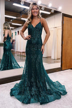 Vestido largo de fiesta de sirena verde brillante con lentejuelas