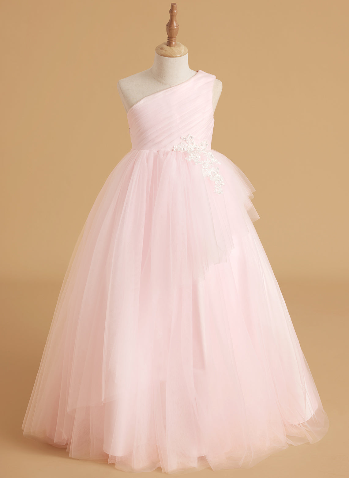 Vestido de niña de las flores estilo princesa, corte A, color rubor encantado | Vestido de tul de un solo hombro con cola 