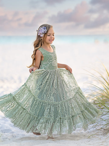 Vestido verde largo de encaje (2003227904) 