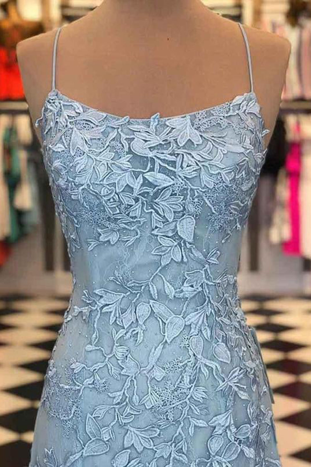Spaghetti Straps Backless Appliques Prom Dress
