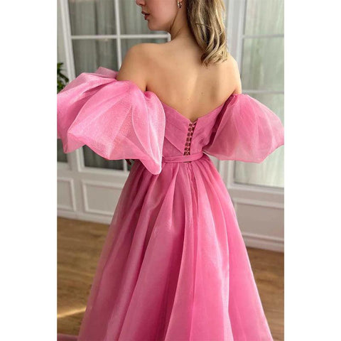 Robe de soirée trapèze en tulle à col en V et manches bouffantes avec fente latérale 