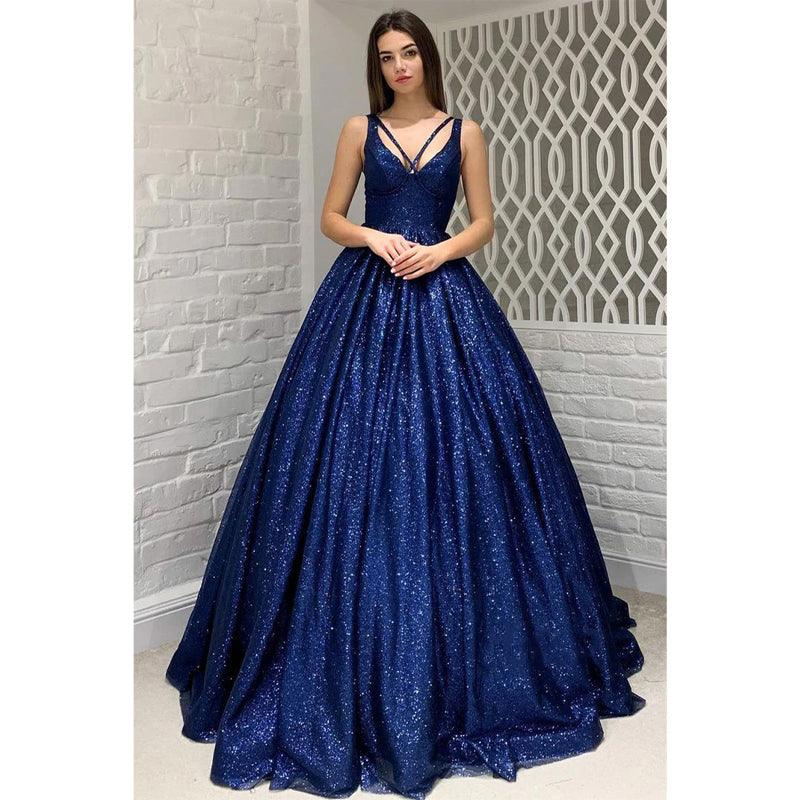 Vestido de fiesta azul real brillante con escote en V y bolsillos 