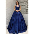 Vestido de fiesta azul real brillante con escote en V y bolsillos 