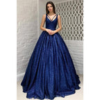 Vestido de fiesta azul real brillante con escote en V y bolsillos 