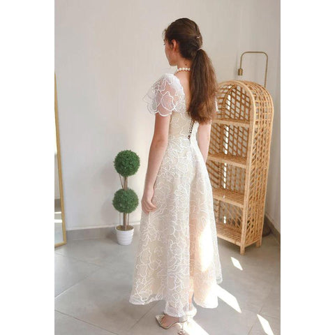 Robe de soirée trapèze en tulle imprimé, col carré, manches courtes, longueur thé