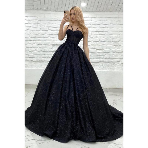 Robe de bal trapèze scintillante à bretelles spaghetti et poches 