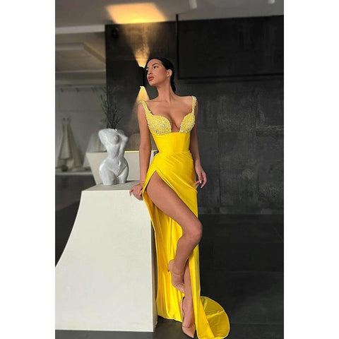 V-Neck Sequined Sheath Long Prom Evening Gown With Slit