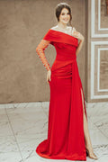 Robe de bal sirène rouge asymétrique avec fente et sequins
