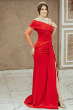 Robe de bal sirène rouge asymétrique avec fente et sequins