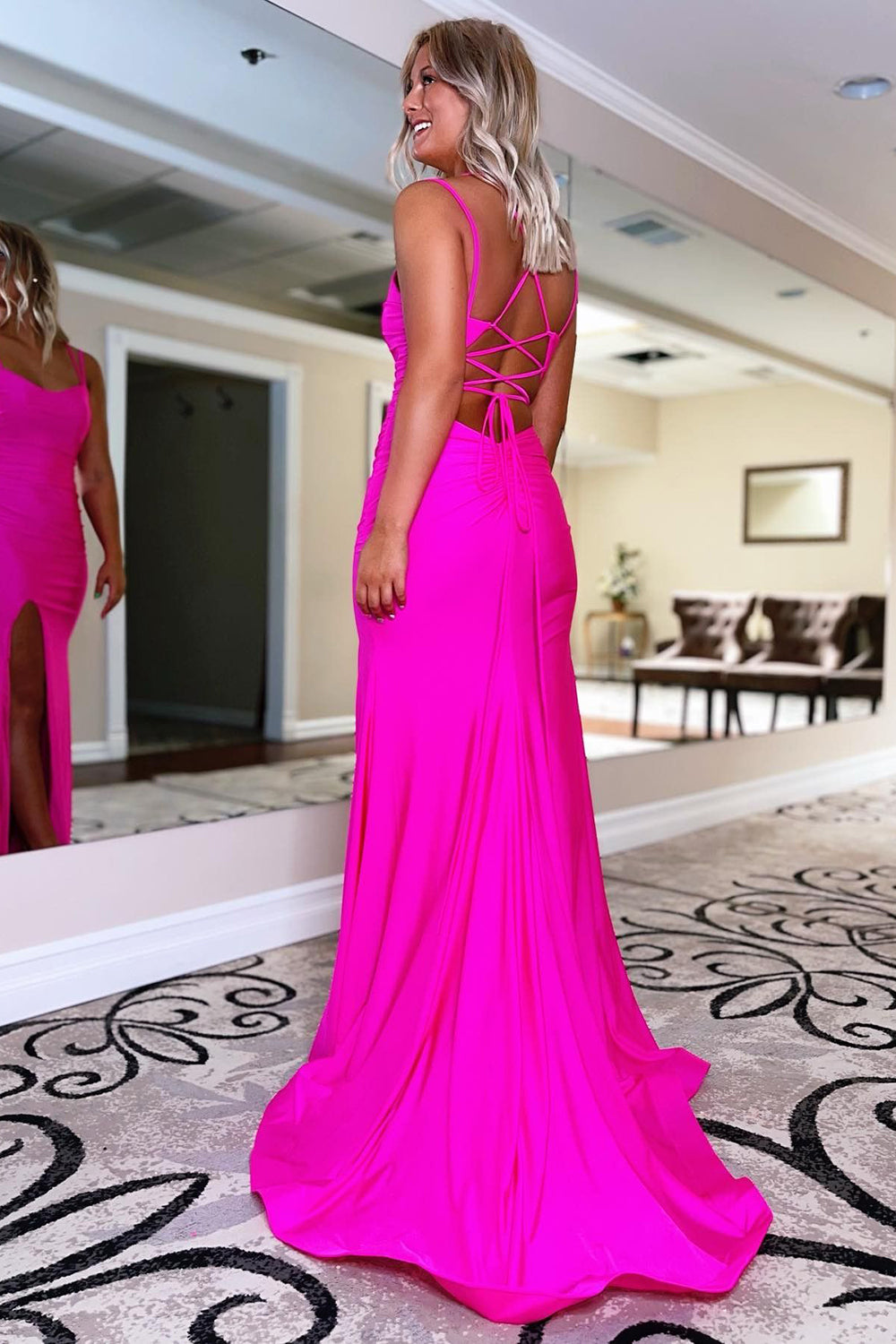 Lace Up Prom Dress With Slit