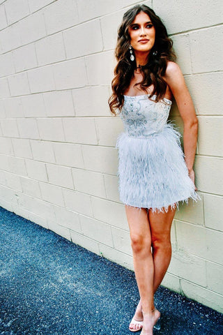 Sheath Strapless White Short Homecoming Dress with Beading Feather