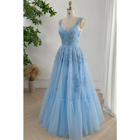 Vestido de noche de fiesta de graduación con escote en V, tirantes finos, encaje, apliques y cuentas 