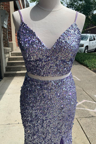 Two Piece Light Blue Sequins Mermaid Prom Dress with Slit