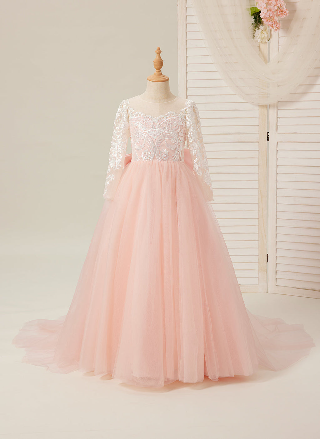 Vestidos de niña de las flores de corte A, manga larga, encaje y tul, color rosa (2003227575) 