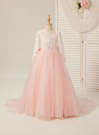 Vestidos de niña de las flores de corte A, manga larga, encaje y tul, color rosa (2003227575) 