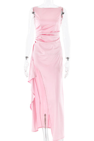 Robes de soirée sexy de bal, dos nu, à volants et col rond froncé, couleur unie (3 couleurs) 