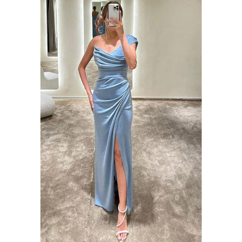 Sheath/column One Shoulder Pleats Sparkly Long Formal Evening Dress with Slit