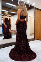Robe de bal longue sirène à fines bretelles et sequins bleu roi avec fente