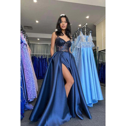 V-Neck Sequins Beaded Satin A-Line Long Prom Gown With Slit