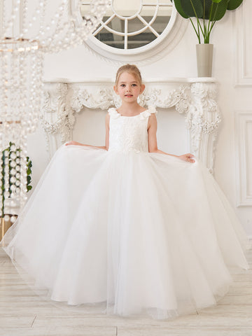 Elegante vestido blanco de tul para niña de las flores con cola corta 