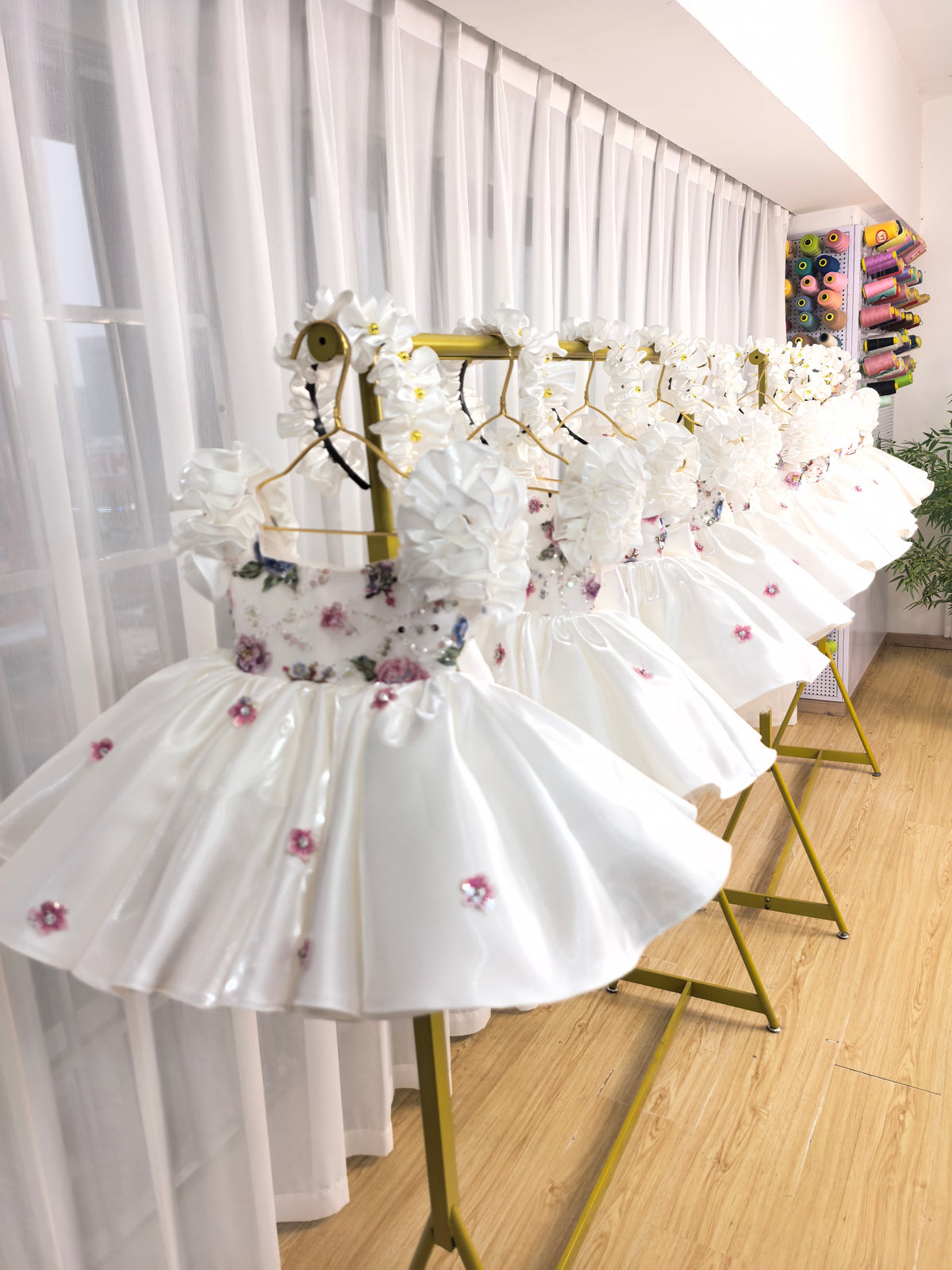 Floral Embroidery Sequins Tulle Knee-length Pink Baby Girl Dress