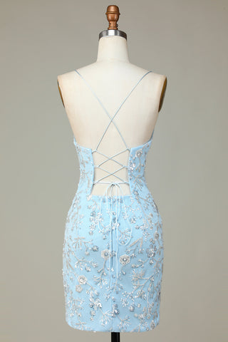 Stylish Bodycon Spaghetti Straps Light Blue Short Homecoming Dress with Beaded