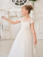 Vestido de niña de las flores para la Primera Comunión, color marfil, con cola desmontable estilo princesa. 
