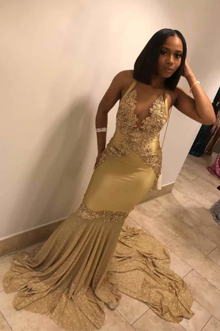 Robe de soirée longue sirène sans manches à col halter et traîne balayée, ultra brillante Y472