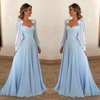 Robe de bal bleu ciel à manches longues en mousseline, décolleté cœur
