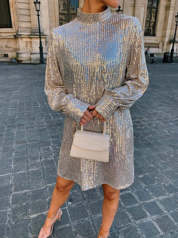 Vestido de noche sexy de otoño para mujer, color liso, con lentejuelas, cintura alta y un toque de elegancia sofisticada. 