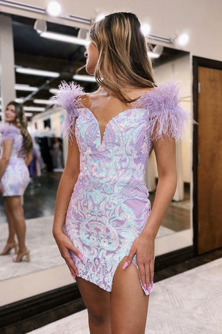 Trendy Sheath Off the Shoulder Purple Short Homecoming Dress with Feather